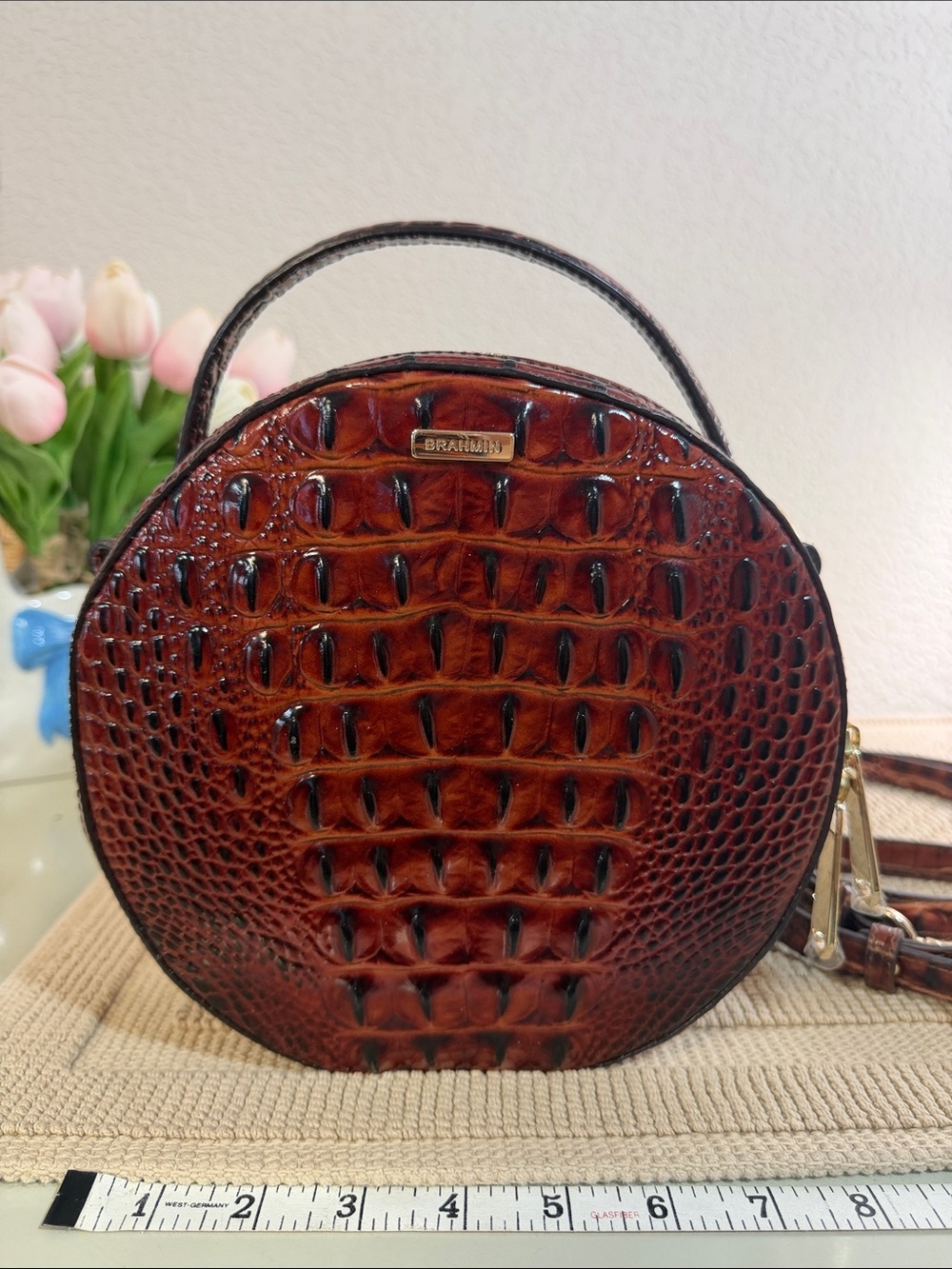 Brahmin Melbourne Pecan Croc Embossed Round Crossbody